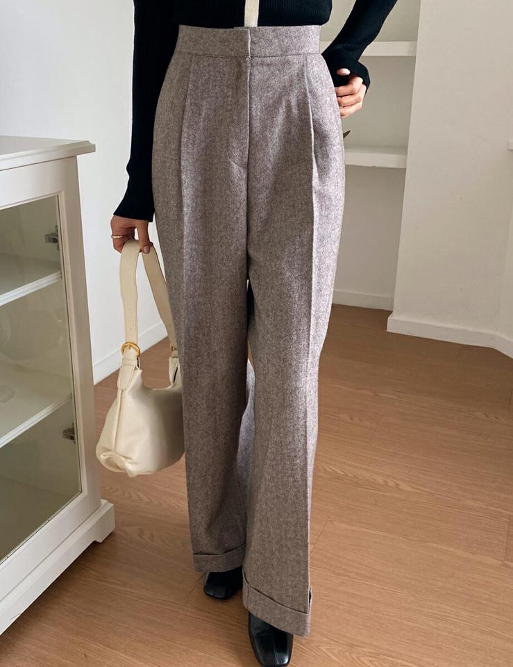 ヘリンボーンロールアップワイドスラックス・全3色・t66304 レディース 【pt】韓国ファッション ボトムス ロング ロングパンツ スラックスパンツ スラックス ヘリンボーン ロールアップ ウール混 シンプル ストレート 体型カバー カジュアル 秋 冬