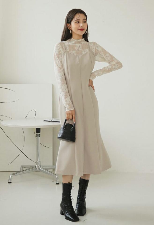 ≪人気商品再入荷≫フレアキャミワンピース・全3色・e66269 レディース 【ops】韓国ファッション ワンピース ロングワンピース Vネック キャミワンピース フレア Aライン スリム ロング丈 無地 シンプル カジュアル フェミニン 秋 冬