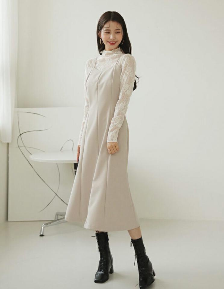 ≪人気商品再入荷≫フレアキャミワンピース・全3色・e66269 レディース 【ops】韓国ファッション ワンピース ロングワンピース Vネック キャミワンピース フレア Aライン スリム ロング丈 無地 シンプル カジュアル フェミニン 秋 冬