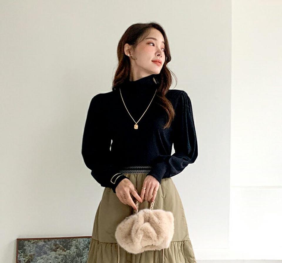裏起毛ハイネックパフTシャツ・全5色・b00680 レディース 【tops】トップス Tシャツ 大人 長袖 ハイネック 裏起毛 パフスリーブ 異素材 無地 ベーシック シンプル 体型カバー フェミニン カジュアル 秋 冬 韓国ファッション ハイホリHIHOLLI