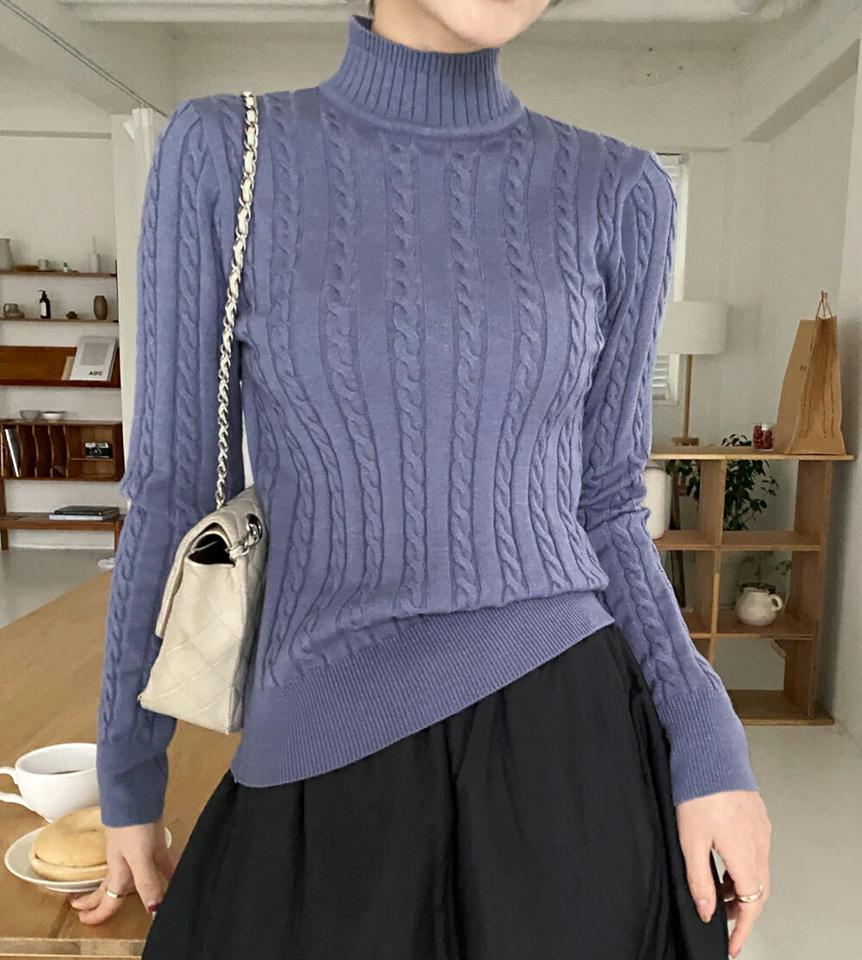 ハーフネックツイストニット・全5色・b00684 レディース 【tops】トップス ニット 大人 長袖 年上 ハーフネック ツイスト リブ 単色 シンプル フェミニン カジュアル 秋 冬 韓国ファッション ハイホリHIHOLLI