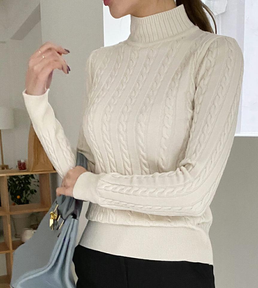 ハーフネックツイストニット・全5色・b00684 レディース 【tops】トップス ニット 大人 長袖 年上 ハーフネック ツイスト リブ 単色 シンプル フェミニン カジュアル 秋 冬 韓国ファッション ハイホリHIHOLLI