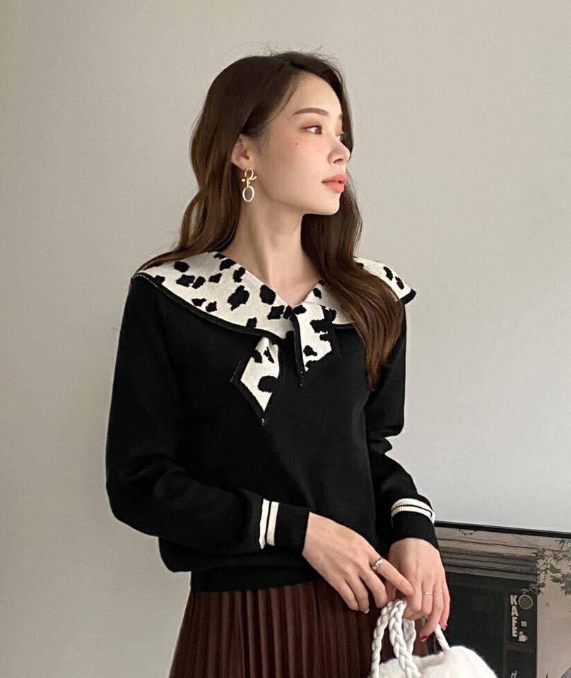 レオパードカラーリボンニット・全2色・b00686 レディース 【tops】トップス ニット 大人 長袖 Vネック レオパード カラー リボン 柄ニット 異素材 ユニーク シンプル 体型カバー フェミニン カジュアル 秋 冬 韓国ファッション ハイホリHIHOLLI