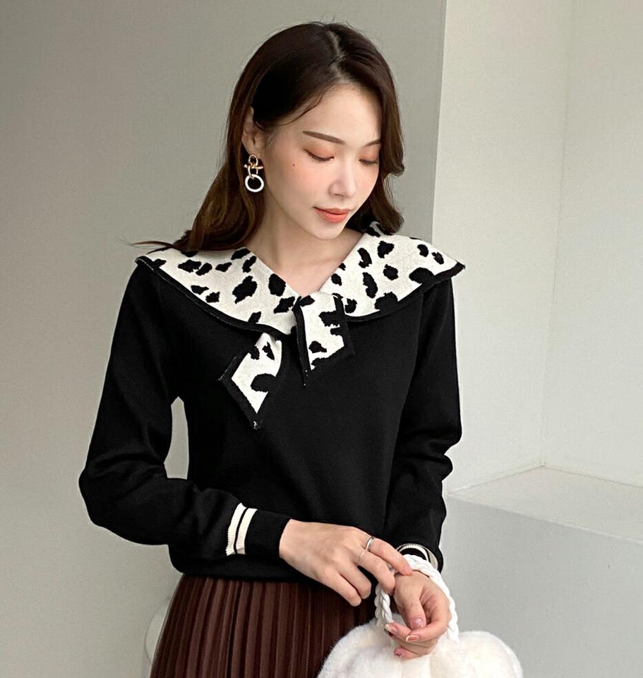 レオパードカラーリボンニット・全2色・b00686 レディース 【tops】トップス ニット 大人 長袖 Vネック レオパード カラー リボン 柄ニット 異素材 ユニーク シンプル 体型カバー フェミニン カジュアル 秋 冬 韓国ファッション ハイホリHIHOLLI