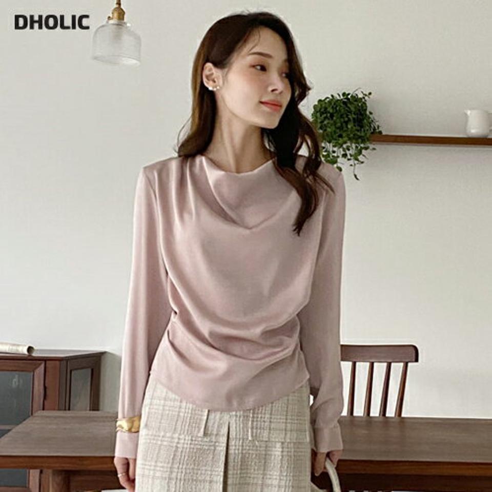 ドレープネックタックブラウス・全2色・b00687 レディース 【bl】トップス ブラウス 長袖 ドレープネック タック 光沢 無地 単色 シンプル カジュアル 大人 ピンク フェミニン ガーリー 秋 冬 韓国ファッション ハイホリHIHOLLI