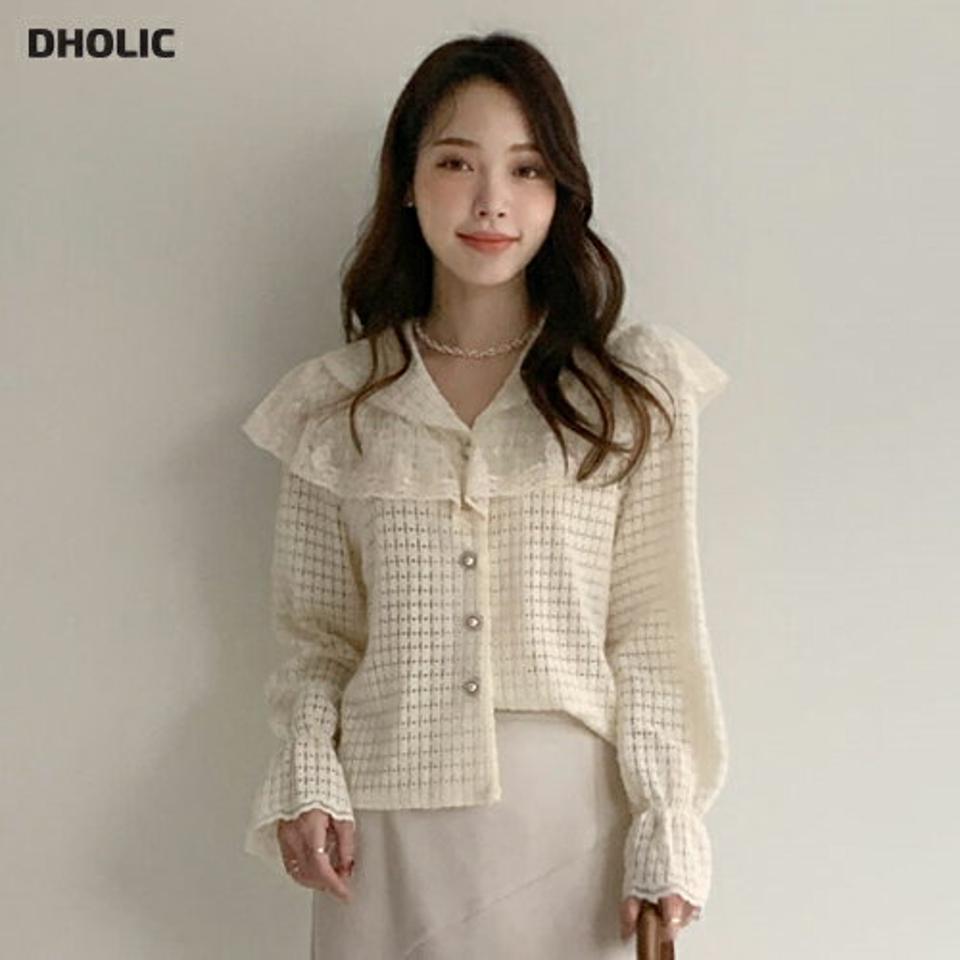 即日配送 起毛レースカラーチェック編みブラウス・全2色・b00688 レディース 【bl】トップス ブラウス 長袖 Vネック 起毛 レースカラー 襟コン チェック編み シンプル カジュアル 大人 フェミニン ガーリー 秋 冬 韓国ファッション ハイホリHIHOLLI