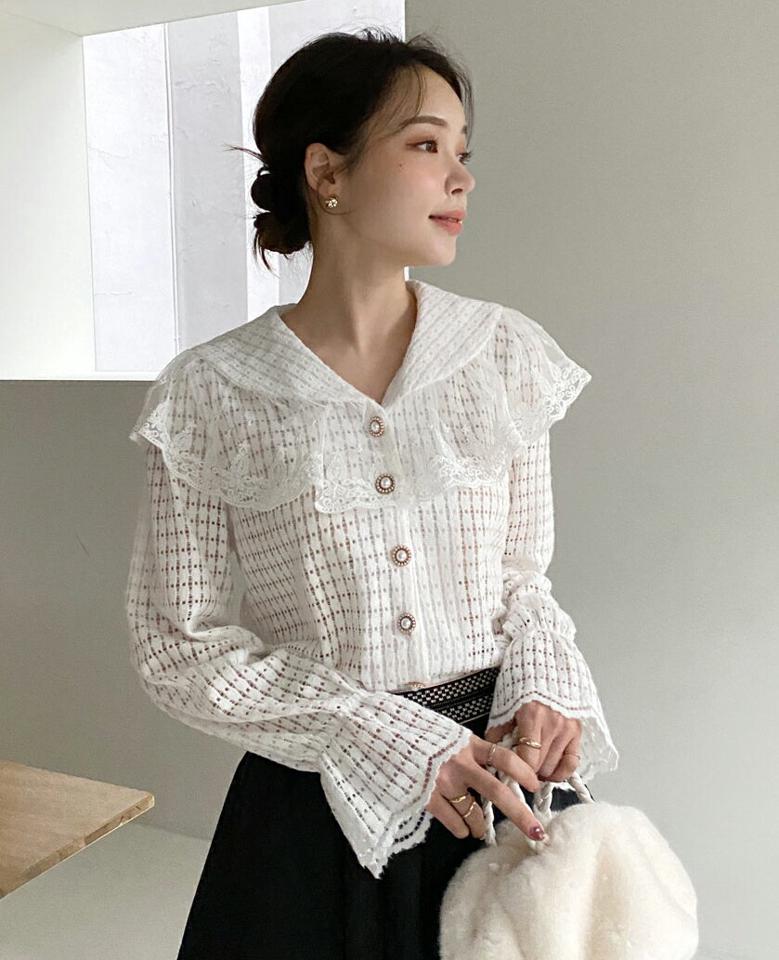 即日配送 起毛レースカラーチェック編みブラウス・全2色・b00688 レディース 【bl】トップス ブラウス 長袖 Vネック 起毛 レースカラー 襟コン チェック編み シンプル カジュアル 大人 フェミニン ガーリー 秋 冬 韓国ファッション ハイホリHIHOLLI