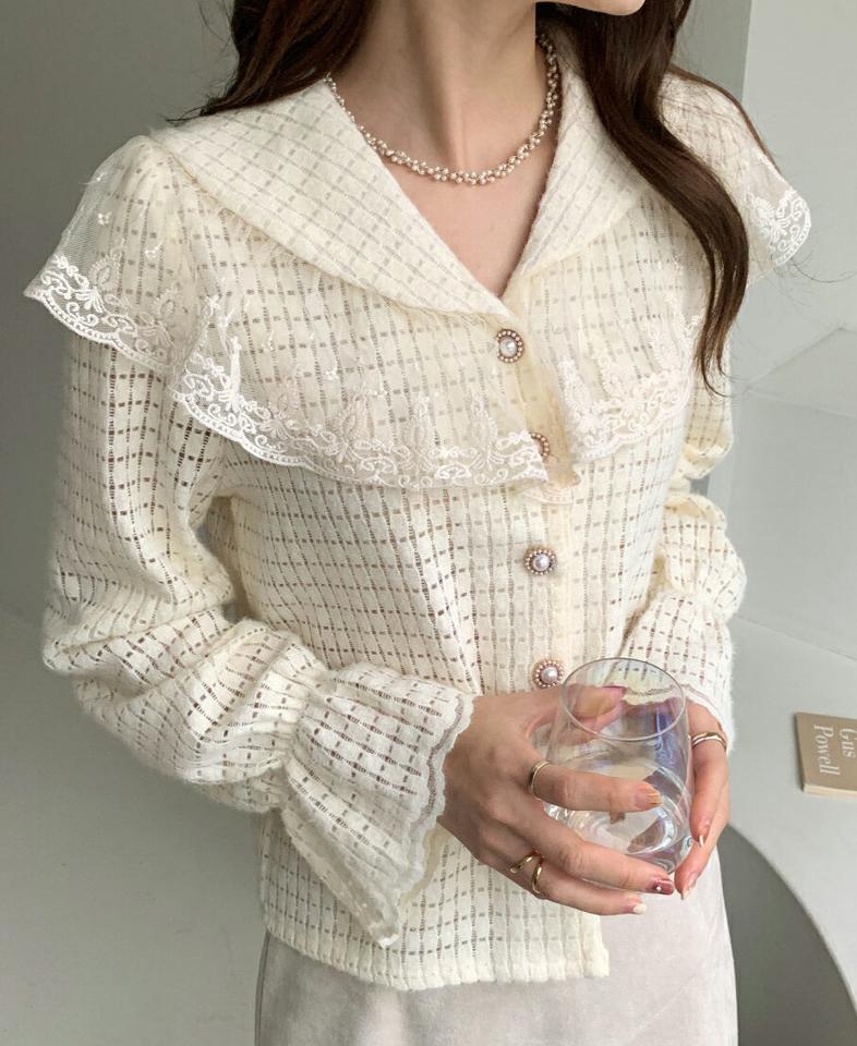 即日配送 起毛レースカラーチェック編みブラウス・全2色・b00688 レディース 【bl】トップス ブラウス 長袖 Vネック 起毛 レースカラー 襟コン チェック編み シンプル カジュアル 大人 フェミニン ガーリー 秋 冬 韓国ファッション ハイホリHIHOLLI