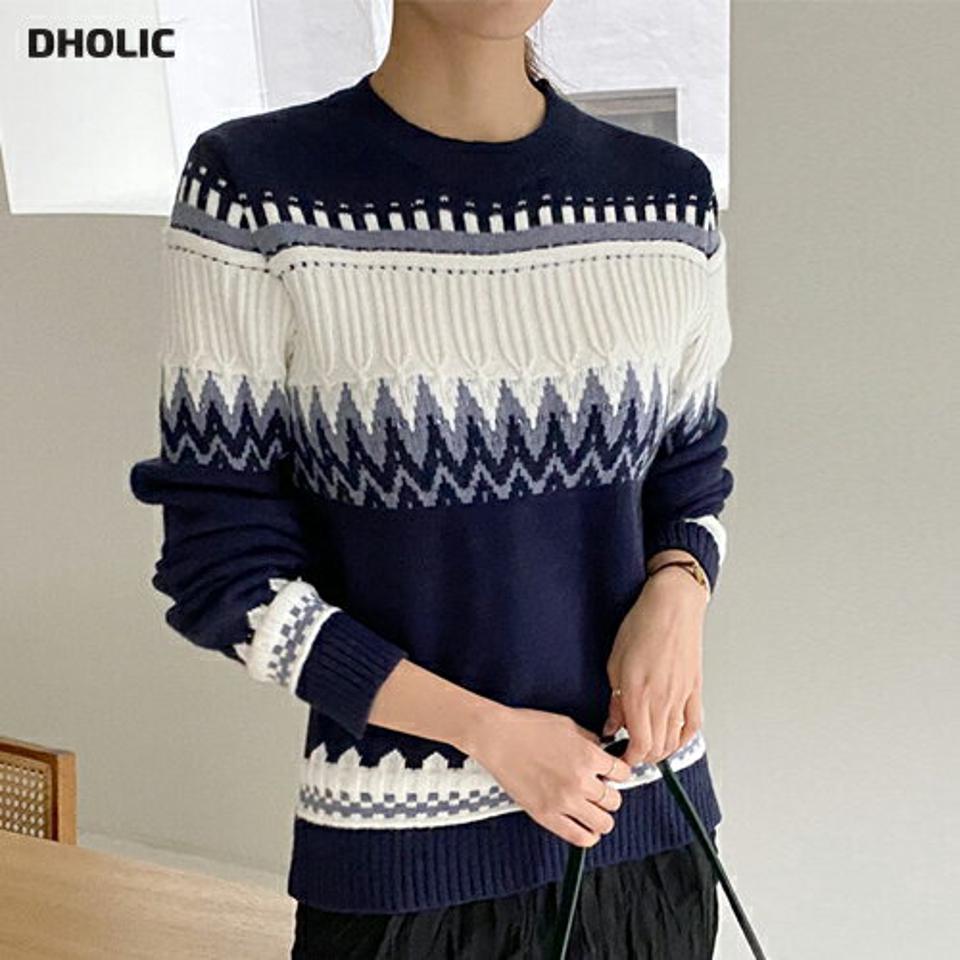 マルチパターンラウンドニット・全3色・b00689 レディース 【tops】トップス ニット 大人 長袖 ラウンドネック マルチパターン 柄ニット ウール混 シンプル 体型カバー フェミニン カジュアル 秋 冬 韓国ファッション ハイホリHIHOLLI