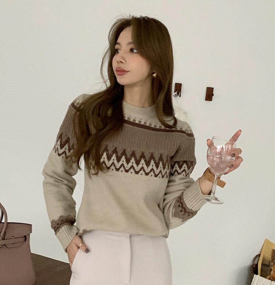 マルチパターンラウンドニット・全3色・b00689 レディース 【tops】トップス ニット 大人 長袖 ラウンドネック マルチパターン 柄ニット ウール混 シンプル 体型カバー フェミニン カジュアル 秋 冬 韓国ファッション ハイホリHIHOLLI