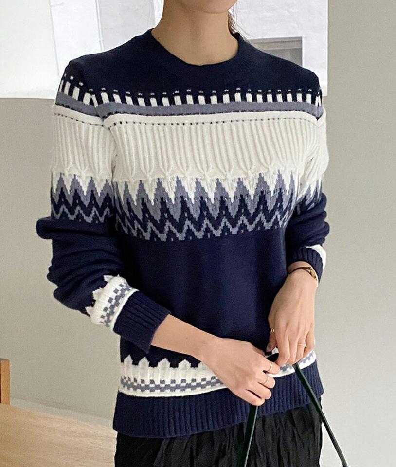 マルチパターンラウンドニット・全3色・b00689 レディース 【tops】トップス ニット 大人 長袖 ラウンドネック マルチパターン 柄ニット ウール混 シンプル 体型カバー フェミニン カジュアル 秋 冬 韓国ファッション ハイホリHIHOLLI