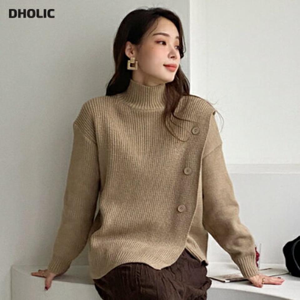 【マラソン特価】アンバランスボタンニット・全3色・b00690 レディース 【tops】トップス ニット 年上 大人 長袖 ハーフネック アンバランス丈 ボタン ワイド リブ ユニーク 異素材 シンプル フェミニン インしない 秋 冬 韓国ファッション ハイホリHIHOLLI