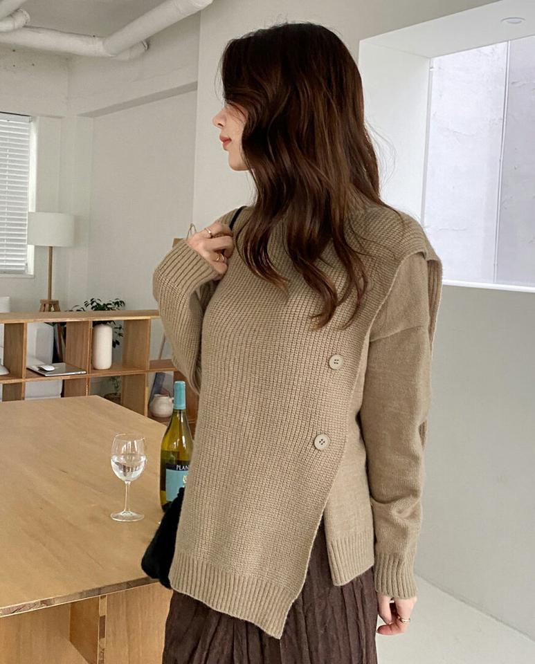 【マラソン特価】アンバランスボタンニット・全3色・b00690 レディース 【tops】トップス ニット 年上 大人 長袖 ハーフネック アンバランス丈 ボタン ワイド リブ ユニーク 異素材 シンプル フェミニン インしない 秋 冬 韓国ファッション ハイホリHIHOLLI