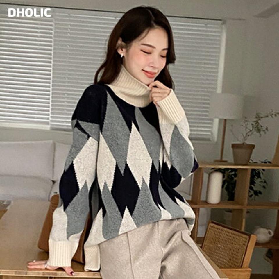 ダイヤパターンハイネックニット・全2色・b00691 レディース 【tops】トップス ニット 大人 長袖 ハイネック ダイヤパターン 柄ニット スリット シンプル フェミニン 秋 冬 韓国ファッション ハイホリHIHOLLI