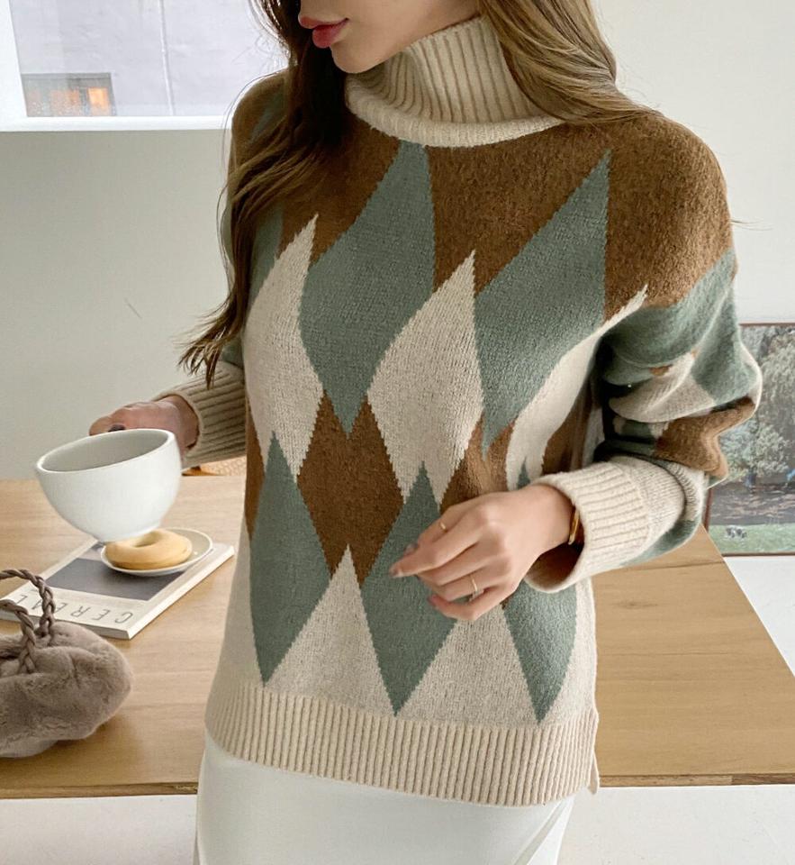 ダイヤパターンハイネックニット・全2色・b00691 レディース 【tops】トップス ニット 大人 長袖 ハイネック ダイヤパターン 柄ニット スリット シンプル フェミニン 秋 冬 韓国ファッション ハイホリHIHOLLI