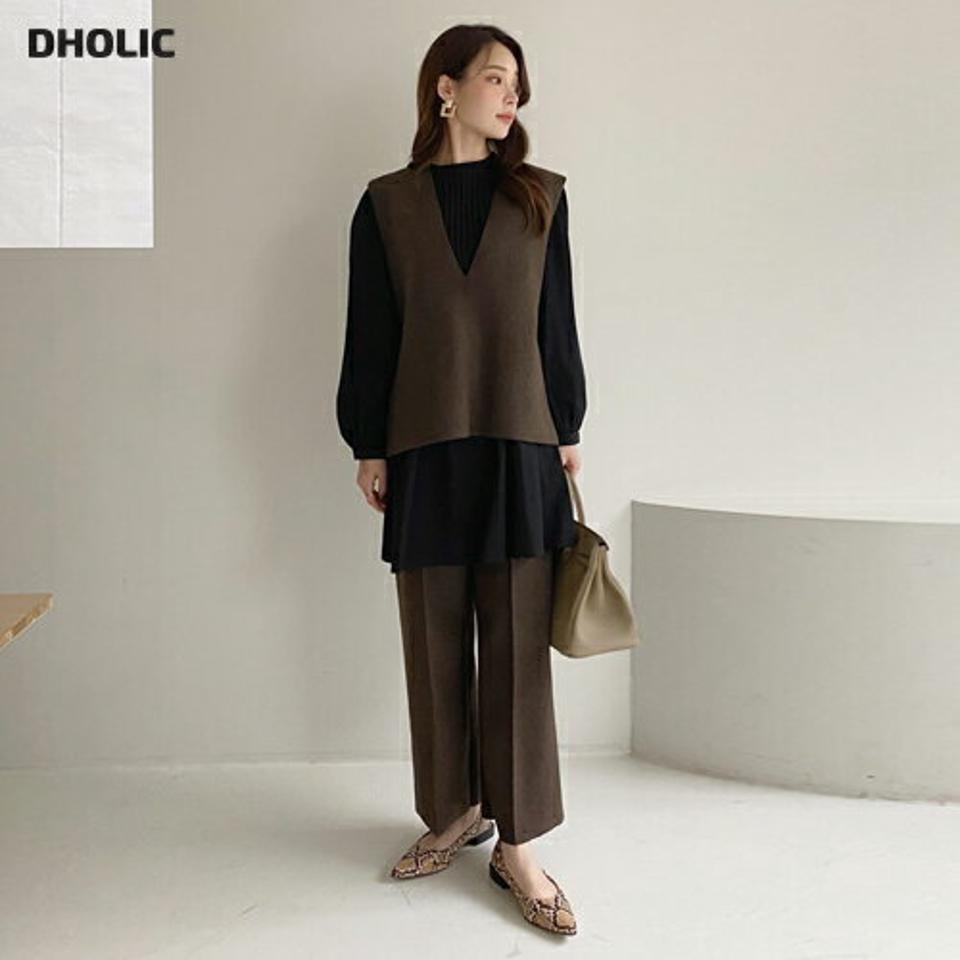 ベルト付ディープVネックベスト&ウール混センタープレスパンツSET・全2色・b00702 レディース 【pt】ボトムス ロング パンツ ベスト セットアップ Vネック ウール混 センタープレス ベルト付 無地 シンプル 秋 冬 韓国ファッション ハイホリHIHOLLI