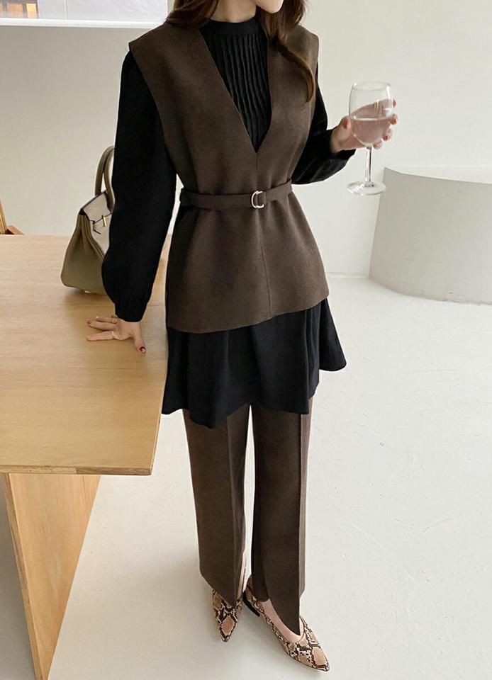 ベルト付ディープVネックベスト&ウール混センタープレスパンツSET・全2色・b00702 レディース 【pt】ボトムス ロング パンツ ベスト セットアップ Vネック ウール混 センタープレス ベルト付 無地 シンプル 秋 冬 韓国ファッション ハイホリHIHOLLI