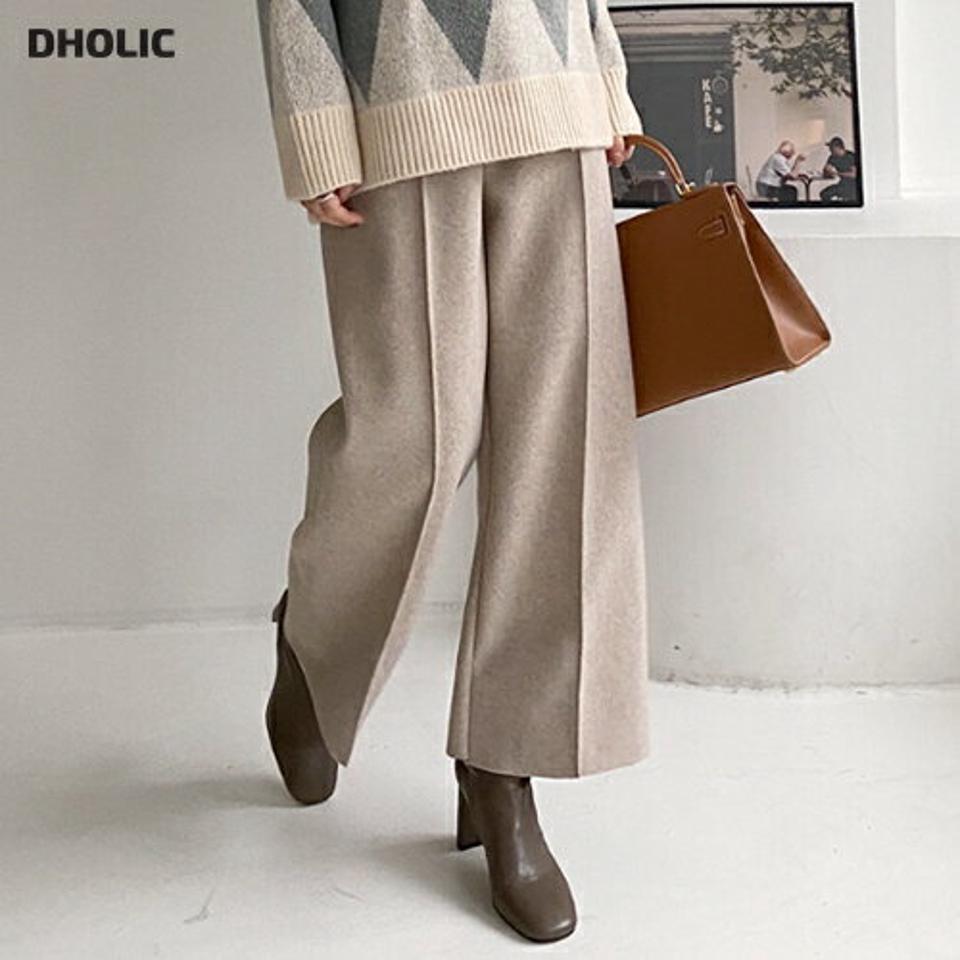 ウール混センタープレスパンツ・全2色・b00703 レディース 【pt】ボトムス ロング ロングパンツ ウール混 センタープレス ワイド 無地 シンプル ウエストゴム ストレート 体型カバー カジュアル デイリー 秋 冬 韓国ファッション ハイホリHIHOLLI