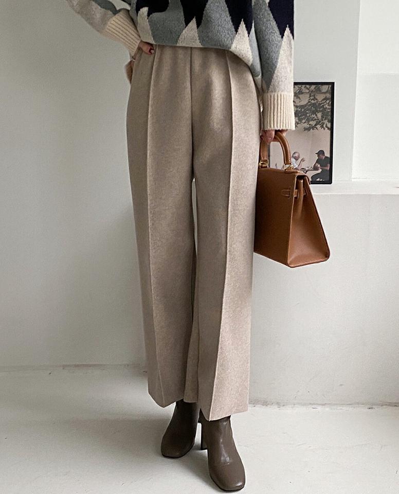 ウール混センタープレスパンツ・全2色・b00703 レディース 【pt】ボトムス ロング ロングパンツ ウール混 センタープレス ワイド 無地 シンプル ウエストゴム ストレート 体型カバー カジュアル デイリー 秋 冬 韓国ファッション ハイホリHIHOLLI