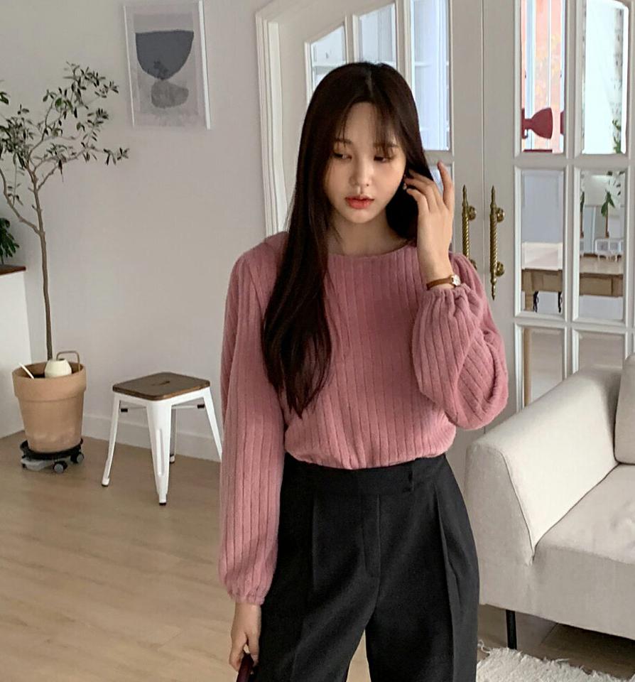 ソフトリブTシャツ・全3色・t58601 レディース 【tops】韓国ファッション トップス Tシャツ 大人 長袖 ラウンドネック ソフトリブ ミンク風 ギャザー 異素材 無地 シンプル 体型カバー フェミニン カジュアル 秋 冬