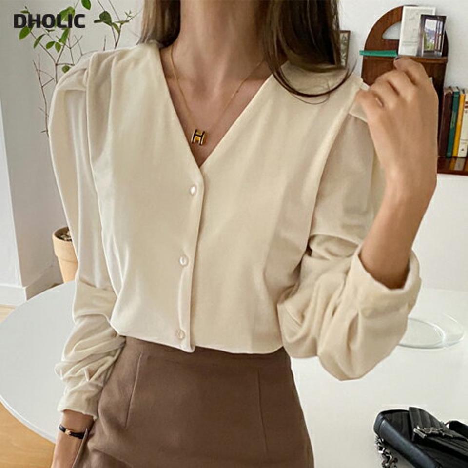 ベルベットVネックボタンブラウス・全4色・t58630 レディース 【bl】韓国ファッション トップス ブラウス 長袖 Vネック ベルベット ボタン タック 無地 ベーシック シンプル 大人 カジュアル フェミニン 秋 冬