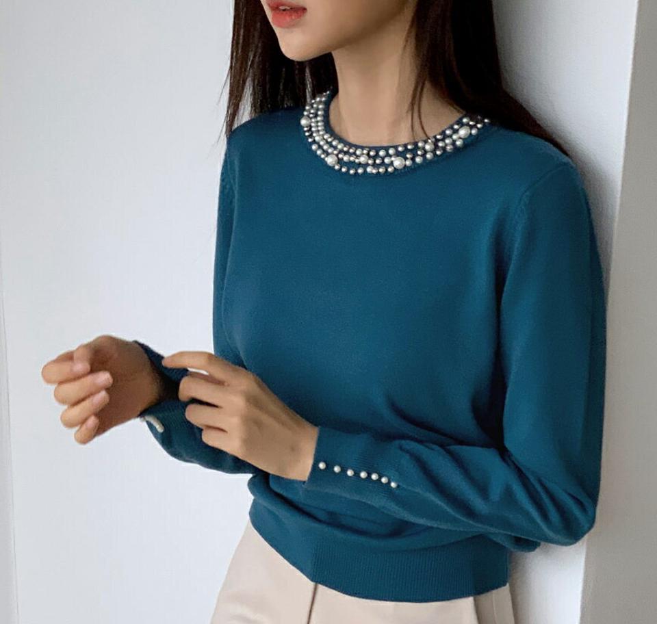 フェイクパールラインニット・全3色・b58605 レディース 【tops】韓国ファッション トップス ニット 大人 長袖 ラウンドネック フェイクパール リブ 異素材 シンプル 体型カバー フェミニン カジュアル カラーニット 高級感 秋 冬