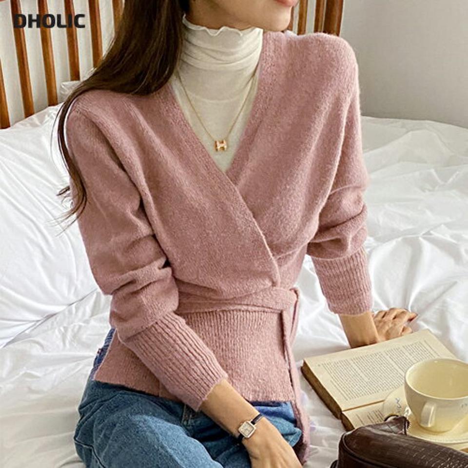リボンラップニット・全3色・b58606 レディース 【tops】韓国ファッション トップス ニット 大人 長袖 Vネック リボン ラップ スリット カフス リブ カラーニット パステル くすみ 異素材 無地 シンプル 体型カバー フェミニン 高級感 秋 冬