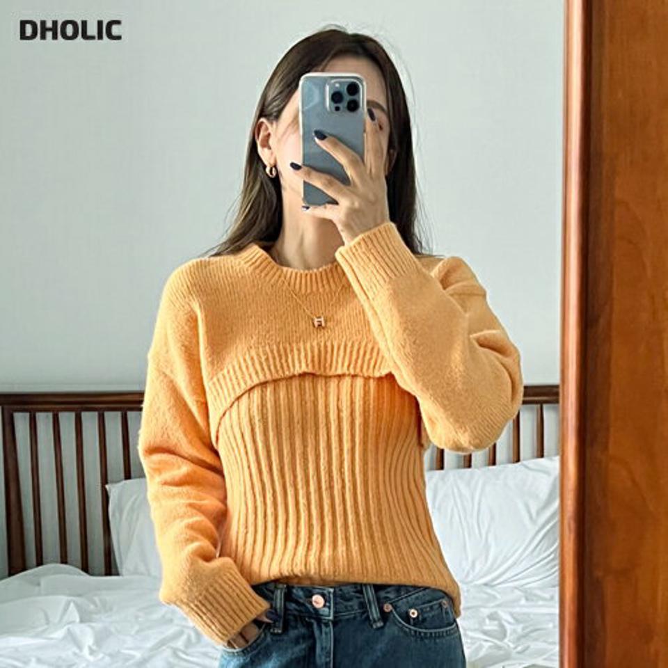 リブノースリーブ&ショートニットSET・全6色・t58607 レディース 【tops】韓国ファッション トップス ニット 年上 スリーブレス セット 大人 長袖 カラーニット Vネック ボレロ風 ショート丈 無地 シンプル フェミニン 秋 冬