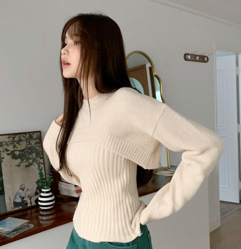 リブノースリーブ&ショートニットSET・全6色・t58607 レディース 【tops】韓国ファッション トップス ニット 年上 スリーブレス セット 大人 長袖 カラーニット Vネック ボレロ風 ショート丈 無地 シンプル フェミニン 秋 冬