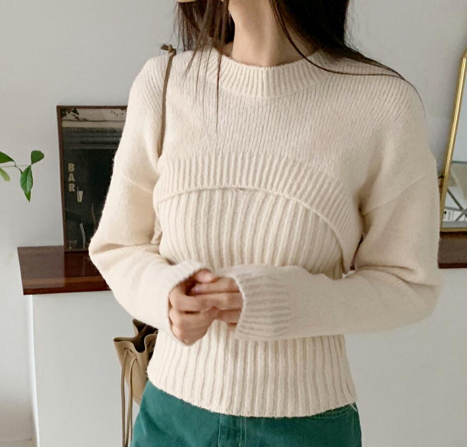 リブノースリーブ&ショートニットSET・全6色・t58607 レディース 【tops】韓国ファッション トップス ニット 年上 スリーブレス セット 大人 長袖 カラーニット Vネック ボレロ風 ショート丈 無地 シンプル フェミニン 秋 冬