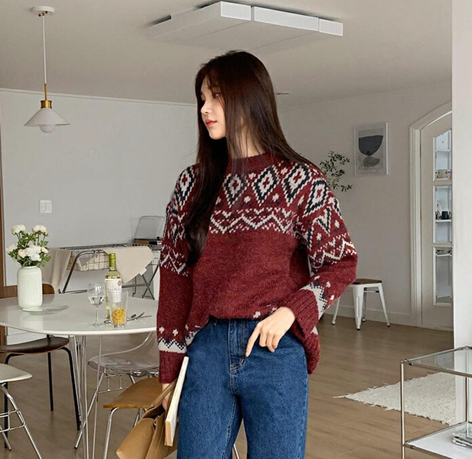 【マラソン特価】ノルディックパターンルーズフィットニット・全2色・b58609 レディース 【tops】韓国ファッション トップス ニット 大人 長袖 ラウンドネック ノルディック柄 柄ニット ドロップショルダー ルーズ シンプル 体型カバー フェミニン 秋 冬 セール