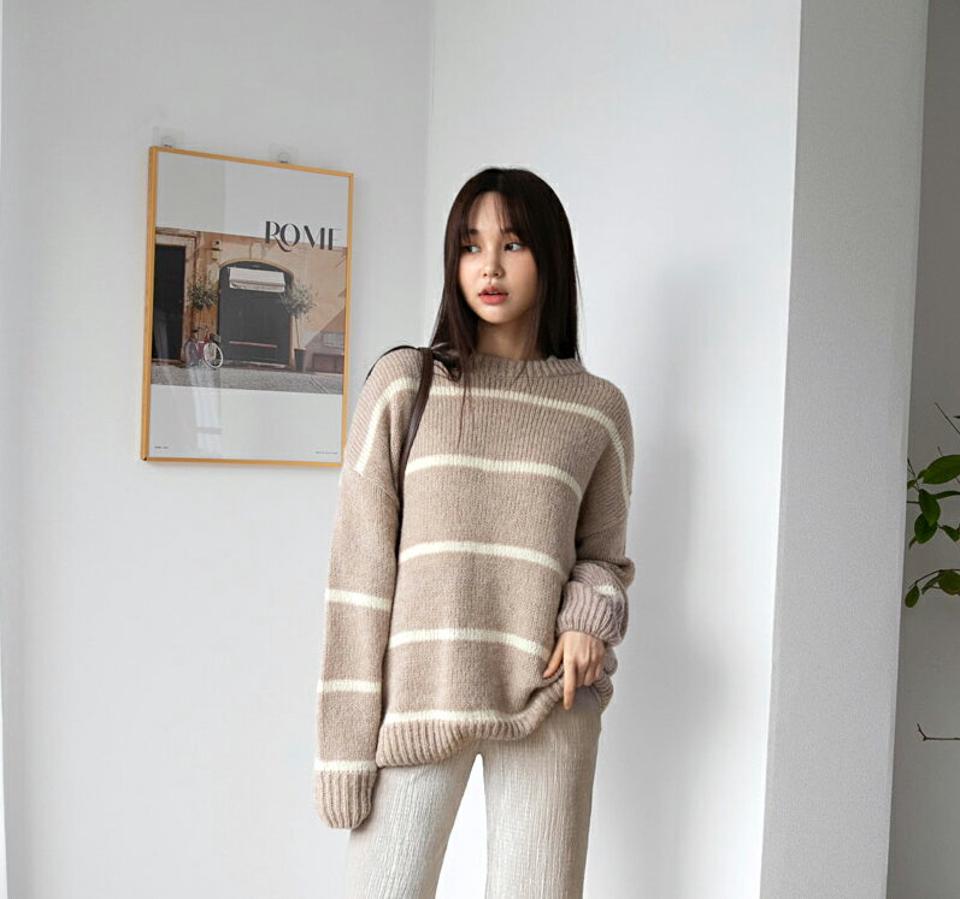 アルパカ混ボーダーラウンドニット・全4色・t58610 レディース 【tops】韓国ファッション トップス ニット 大人 長袖 ラウンドネック アルパカ混 ウール混 ボーダー ドロップショルダー シンプル フェミニン 高級感 秋 冬