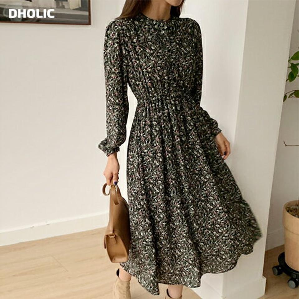 フローラルストリングワンピース・全2色・b58612 レディース 【ops】韓国ファッション ワンピース ロングワンピース 長袖 バンドカラー 花柄 小花柄 フローラル ストリング ロング丈 シンプル 体型カバー カジュアル フェミニン 秋 冬