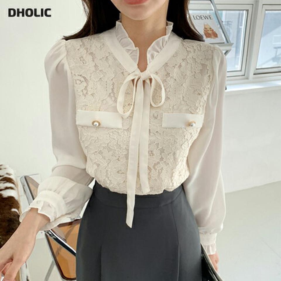 即日配送 フリルネックレースリボンブラウス・全4色・t71165 レディース 【bl】トップス ブラウス 長袖 りぼん レース フリルネック フェミニン 上品 大人 パールボタン 襟コン かわいい 秋 冬 韓国ファッション ハイホリHIHOLLI