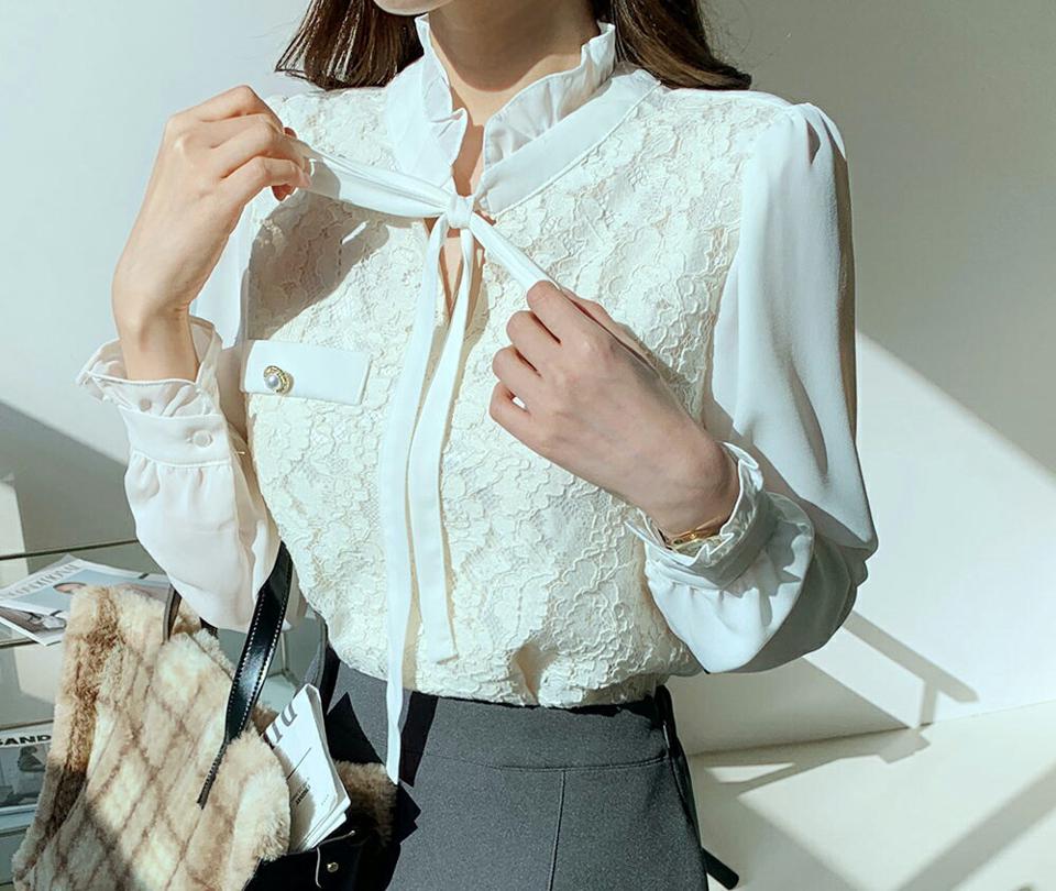 即日配送 フリルネックレースリボンブラウス・全4色・t71165 レディース 【bl】トップス ブラウス 長袖 りぼん レース フリルネック フェミニン 上品 大人 パールボタン 襟コン かわいい 秋 冬 韓国ファッション ハイホリHIHOLLI
