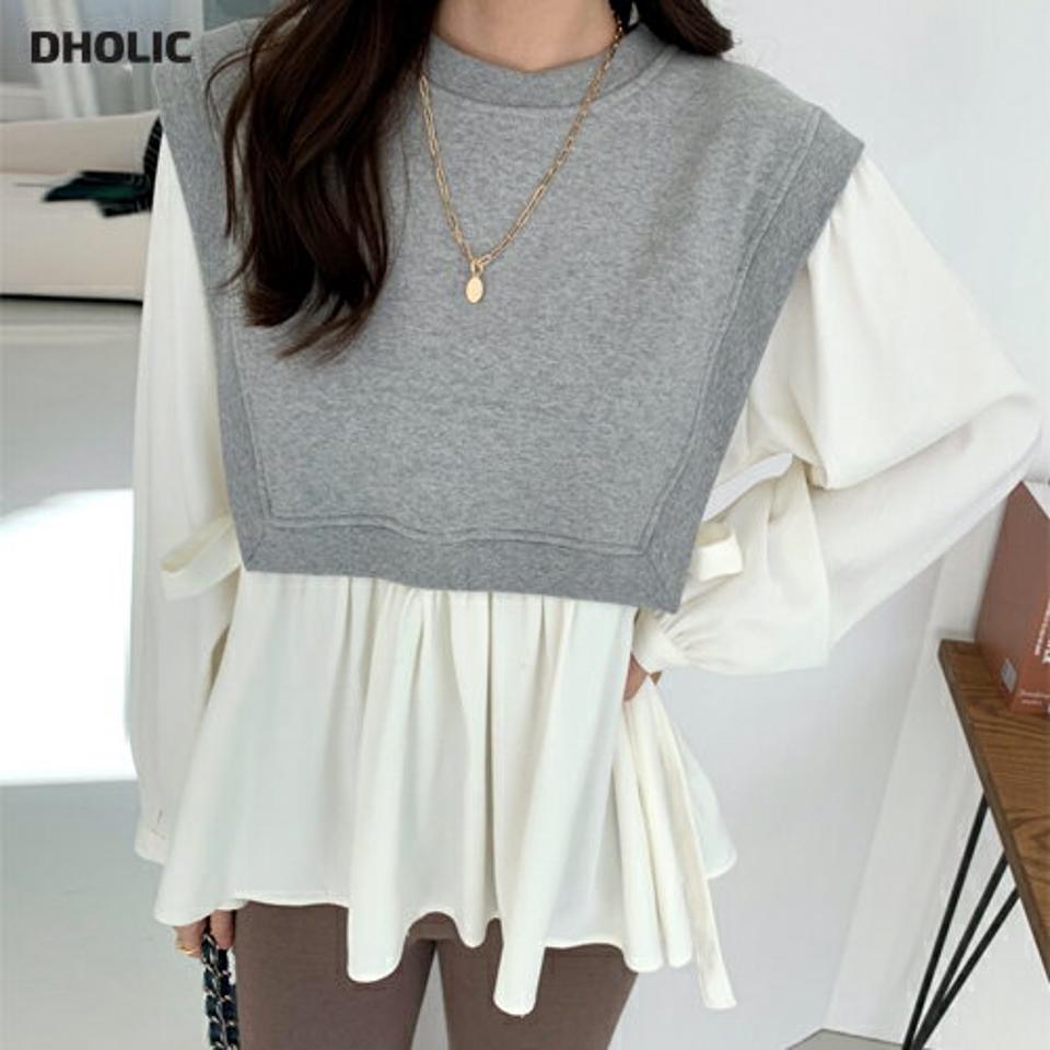 裏起毛ベストレイヤード風ブラウス・全2色・t71250 レディース 【bl】トップス ブラウス ベスト 裏起毛 長袖 レイヤード スウェット カジュアル 大人 ラフ 冬 韓国ファッション ハイホリHIHOLLI