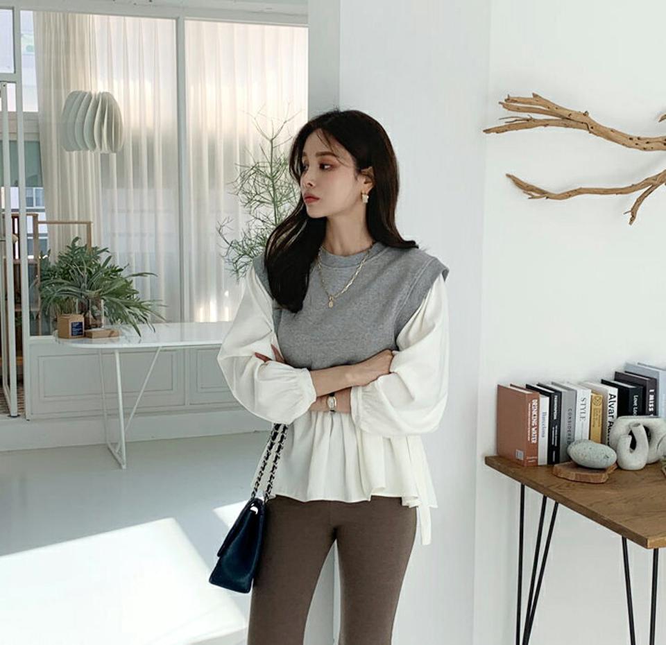 裏起毛ベストレイヤード風ブラウス・全2色・t71250 レディース 【bl】トップス ブラウス ベスト 裏起毛 長袖 レイヤード スウェット カジュアル 大人 ラフ 冬 韓国ファッション ハイホリHIHOLLI