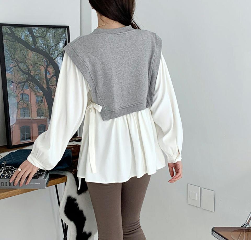 裏起毛ベストレイヤード風ブラウス・全2色・t71250 レディース 【bl】トップス ブラウス ベスト 裏起毛 長袖 レイヤード スウェット カジュアル 大人 ラフ 冬 韓国ファッション ハイホリHIHOLLI