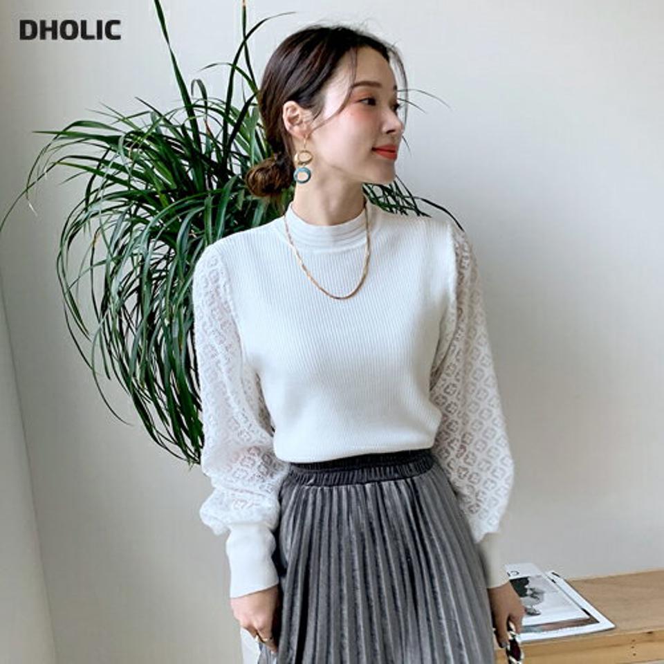 【マラソン特価】レーススリーブハーフネックニット・全3色・b71100 レディース 【tops】トップス ニット 年上 長袖 ハーフネック レース 透け感 シアー シースルー フェミニン 大人 リブ パフ袖 パフスリーブ 秋 冬 異素材ミックス 韓国ファッション ハイホリHIHOLLI