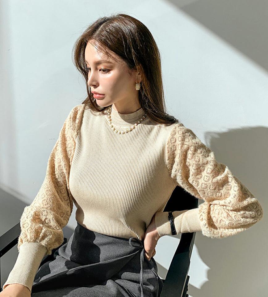 【マラソン特価】レーススリーブハーフネックニット・全3色・b71100 レディース 【tops】トップス ニット 年上 長袖 ハーフネック レース 透け感 シアー シースルー フェミニン 大人 リブ パフ袖 パフスリーブ 秋 冬 異素材ミックス 韓国ファッション ハイホリHIHOLLI