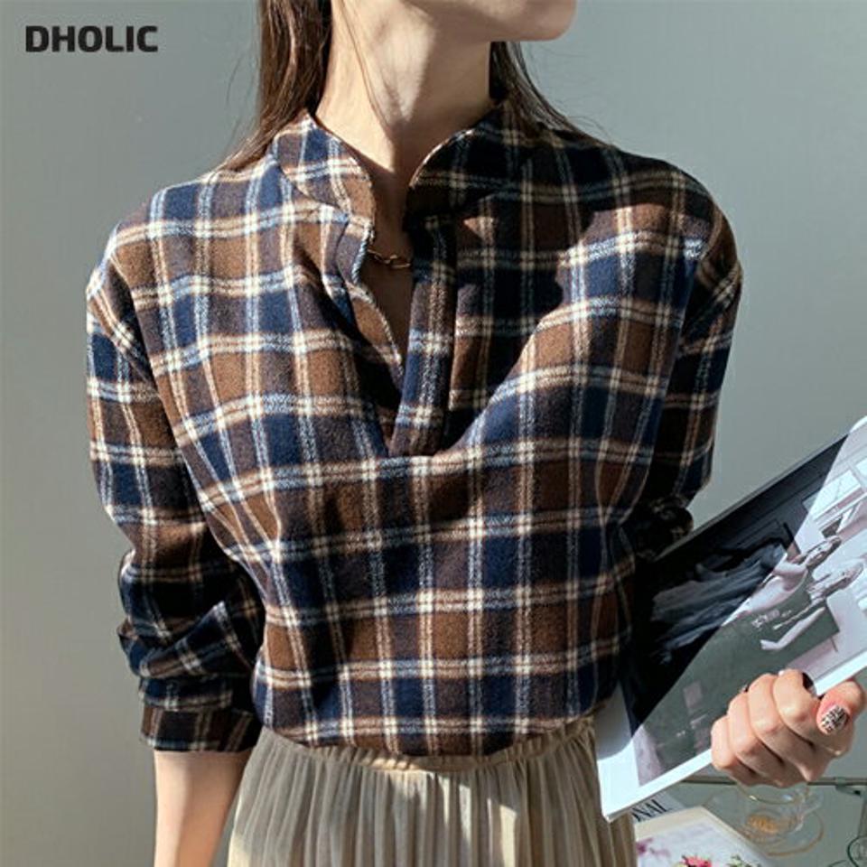 スリットバンドカラーチェックブラウス・全3色・t71096 レディース 【bl】トップス ブラウス 長袖 チェック柄 スリット バンドカラー カジュアル ラフ 大人 ウール チェックブラウス 秋 冬 韓国ファッション ハイホリHIHOLLI