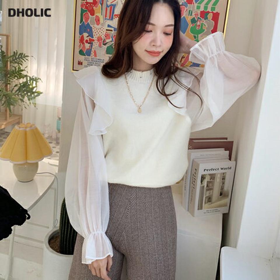 【只今10%OFF】シフォンスリーブフリルニット・全2色・t71101 レディース 【tops】トップス 長袖 フリル 透け感 シアー シースルー シフォン フェミニン かわいい 可愛い 袖コンシャス 大人 コントラスト 異素材 秋 冬 韓国ファッション ハイホリHIHOLLI【ニットセール】