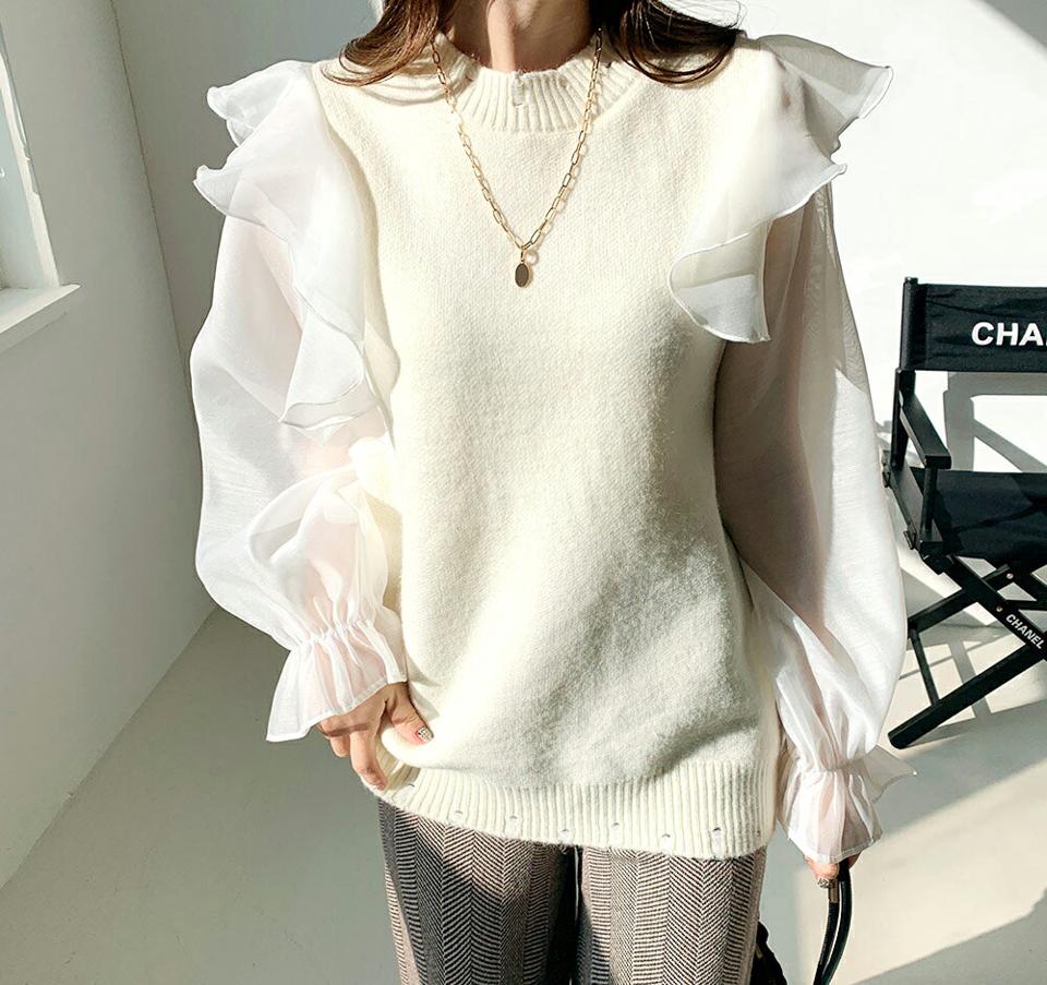 【只今10%OFF】シフォンスリーブフリルニット・全2色・t71101 レディース 【tops】トップス 長袖 フリル 透け感 シアー シースルー シフォン フェミニン かわいい 可愛い 袖コンシャス 大人 コントラスト 異素材 秋 冬 韓国ファッション ハイホリHIHOLLI【ニットセール】