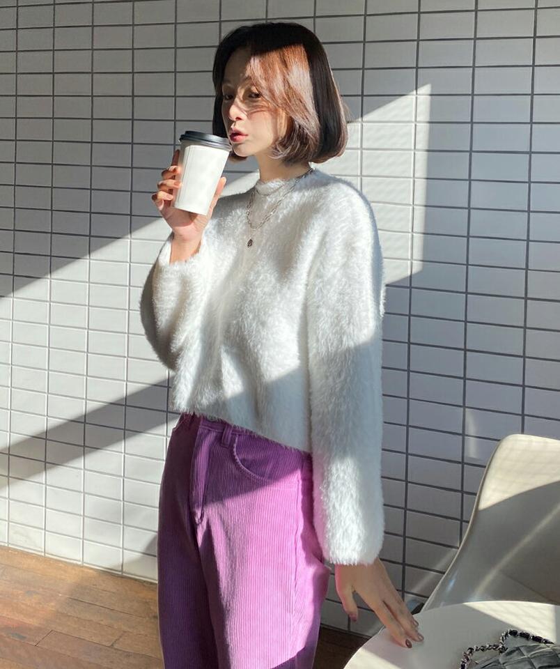 ソフトフェイクファーニット・全3色・t65877 レディース 【tops】韓国ファッション トップス ニット 年上 大人 長袖 ラウンドネック ソフト フェイクファー 無地 シンプル ルーズ フェミニン カジュアル 高級感 秋 冬