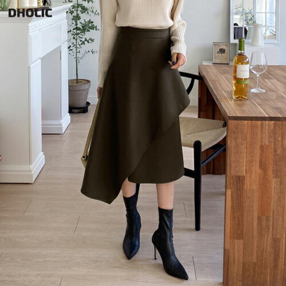 アンバランスフリルスカート・全3色・b65916 レディース 【sk】韓国ファッション ボトムス スカート ロング ロングスカート アンバランス フリル ラップ調 Aライン スリム 無地 シンプル 大人 カジュアル フェミニン 秋 冬