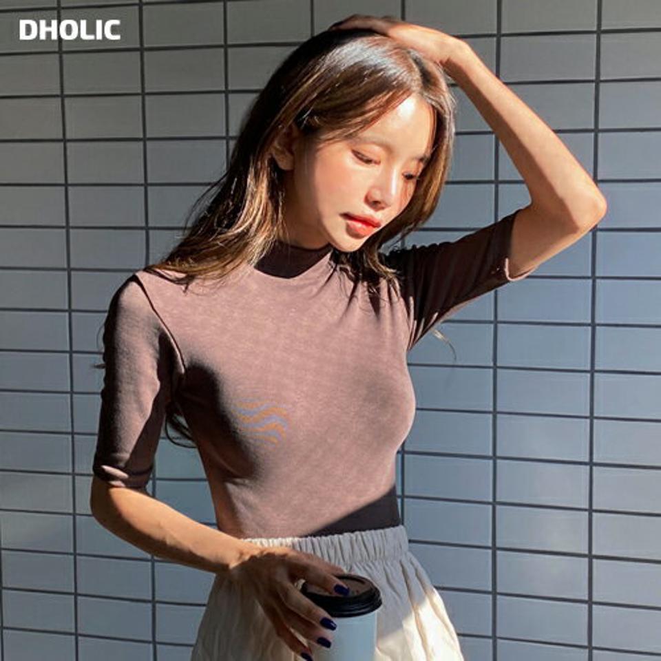 ハーフネックTシャツ・全6色・b65873 レディース 【tops】韓国ファッション トップス Tシャツ 大人 半袖 ハーフネック ハーフスリーブ スリム 異素材 無地 ベーシック シンプル フェミニン カジュアル 秋 冬