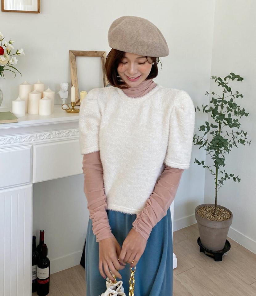 エコファーパフTシャツ・全3色・t65876 レディース 【tops】韓国ファッション トップス Tシャツ 大人 半袖 ラウンドネック フェイクファー パフ ルーズ 楽ちん 単色 シンプル 体型カバー フェミニン カジュアル 秋 冬
