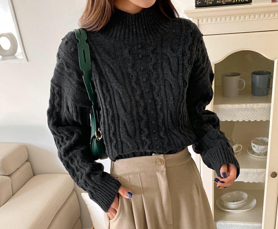 ウール混ハーフネックポンポンニット・全2色・b65882 レディース 【tops】韓国ファッション トップス ニット 大人 長袖 カラーニット ハーフネック ウール混 ケーブル編み ユニーク モダン シンプル ルーズ 体型カバー フェミニン カジュアル 高級感 秋 冬