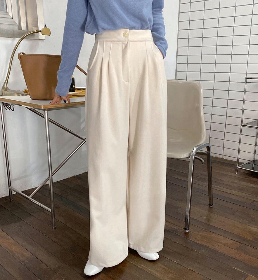 ウール混ツータックワイドスラックス・全3色・t65917 レディース 【pt】韓国ファッション ボトムス ロング ロングパンツ スラックスパンツ スラックス ウール混 ツータック ワイド 無地 シンプル 体型カバー カジュアル フェミニン 秋 冬