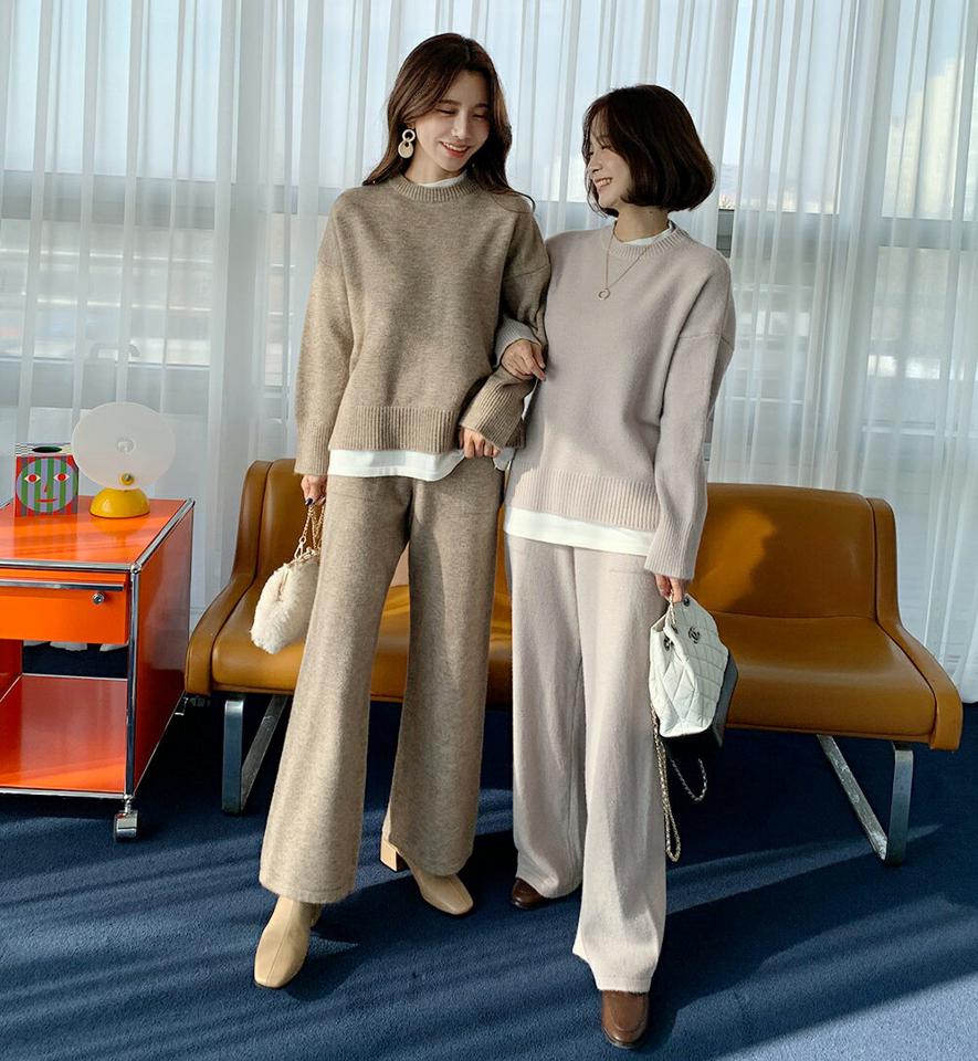 レイヤード調ラウンドニット&パンツSET・全3色・t63263 レディース 【pt】韓国ファッション ボトムス ロング ロングパンツ ニット セットアップ 長袖 ラウンドネック レイヤード調 ウール混 体型もカバー 無地 ベーシック シンプル カジュアル 秋 冬